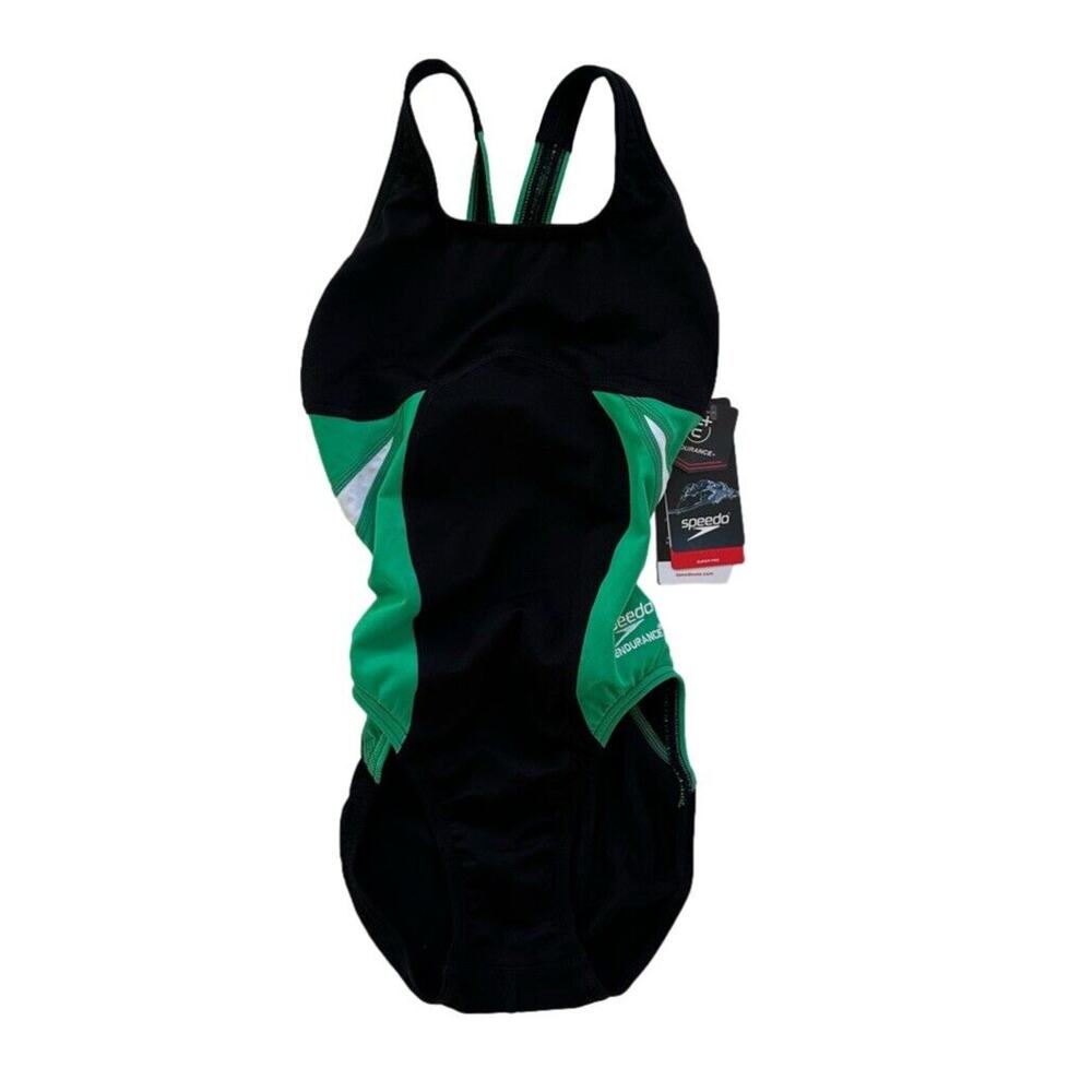 Speedo Swimsuit Endurance Women’s Racing Cut Green Black Flyback Size 24 XXS NEW